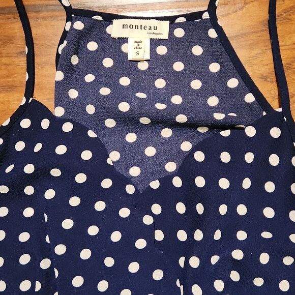 5/$15 Monteau Los Angeles women's size small spaghetti strap navy polka dot top - Picture 3 of 7